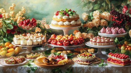 A lavish dessert buffet is surrounded by abundant floral arrangements