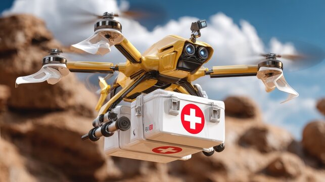 A yellow medical drone delivers first aid kit urgently in a desert landscape for emergency response aid.