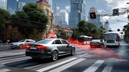 Autonomous car uses sensor technology to navigate a busy urban intersection with trams and other vehicles.