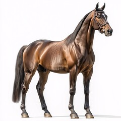 Obraz premium Majestic Brown Stallion Grazing on Ranch. Capturing the Beauty of Equine Wildlife in Stunning Portrait Photography