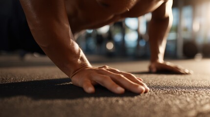 A man is doing a push up on a black mat