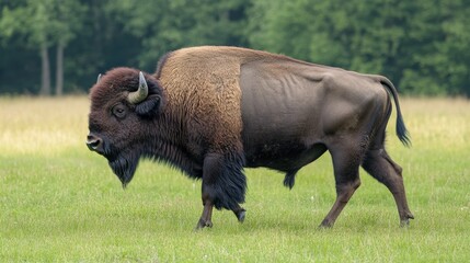 A large American bison stands majestically in a grassy field