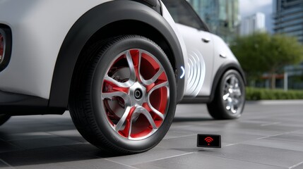 White autonomous vehicle parks on city sidewalk with wireless communication indicator light visible nearby.