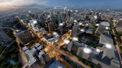Obraz premium Aerial view of a modern cityscape featu network connections and communication technology illustration.