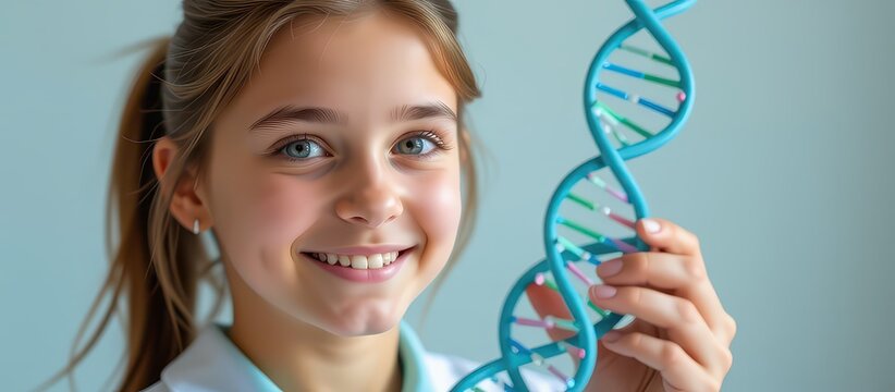 Smiling girl holds a DNA helix model, showcasing science and enthusiasm in education. - Powered by Adobe