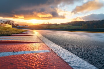 Scenic Asphalt Track at Sunset. Vibrant Landscape Photography with Colorful Sky and Racing Circuit Horizon