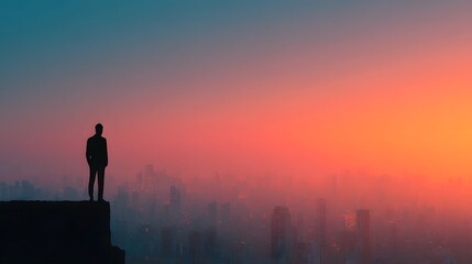 Fototapeta premium Silhouetted figure overlooking a vibrant cityscape at sunrisesunset