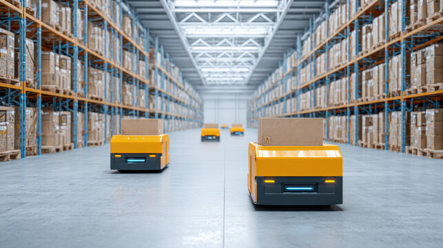 Warehouse automation with yellow AGV robots carrying boxes in large storage facility with tall shelves and bright lighting
