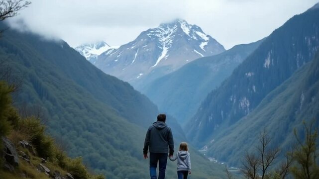 Father with son, daughter walk along forest path holding hands. Family hiking with backpacks. Mountains, fir trees background. People traveling, exploring nature together, active lifestyle. 