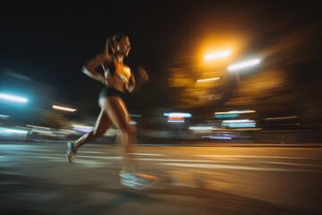 A woman running on a street at night