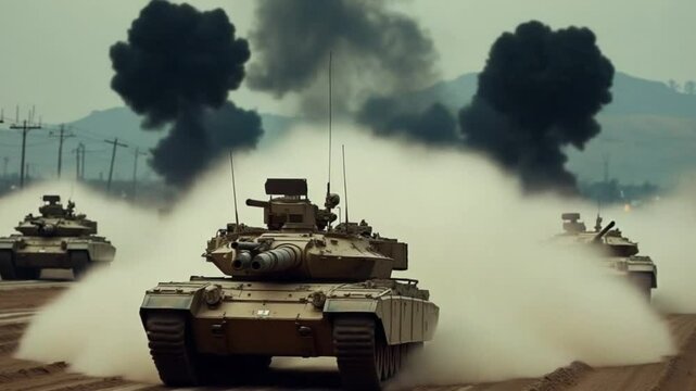 Military tanks advancing through battlefield with explosions and smoke. Dramatic scene of armored vehicles in combat. War concept with fiery sky background