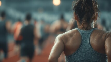 A woman with a ponytail is standing in a gym
