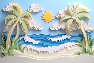 Papercraft beach scene with palm trees, sun, ocean waves and fluffy clouds