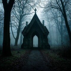 Obraz premium Gothic chapel in foggy forest during twilight hours 