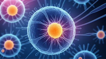 Embryonic stem cell under microscope glowing with cellular detail and soft blur with copy space. Soft light.Laboratory background.