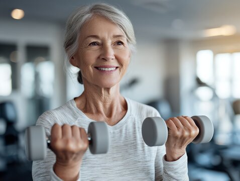 A woman is smiling while holding two dumbbells