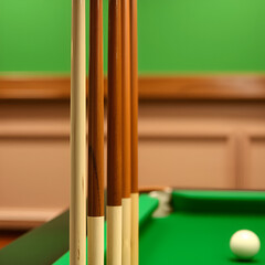A Row of Snooker Cues closeup against wall