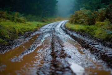 Fototapeta premium Muddy Road Through Forest Path - A Tranquil Adventure in Nature's Scenic Rural Landscape