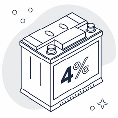 Car battery low charge level four percent isometric illustration