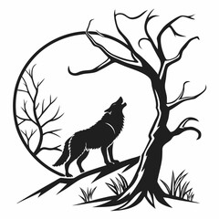 Wolf howling at the moon under a bare tree silhouette