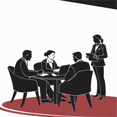 Business team meeting around table laptop documents woman standing