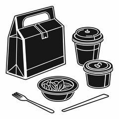 Takeout food box coffee cups salad fork chopsticks