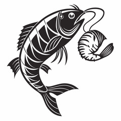 Black and white stylized fish catching shrimp illustration