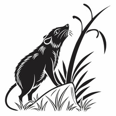 Black and white stylized rat illustration on rock
