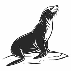 Majestic sea lion resting on rocky shore black and white illustration