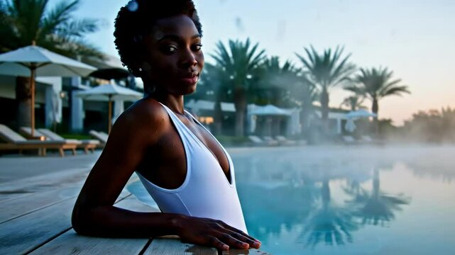 A serene evening by the poolside featuring a woman in a swimsuit, with palm trees and mist creating a tranquil atmosphere at sunset - sexy skinny black chick