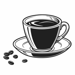 A cup of coffee on a saucer with coffee beans