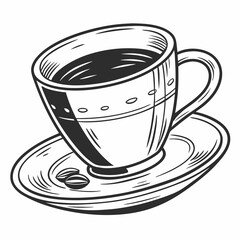 A hand drawn illustration of coffee in a cup and saucer