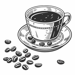 Hand drawn coffee cup with beans illustration