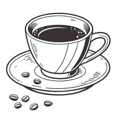 A hand drawn illustration of coffee in a cup and saucer with beans