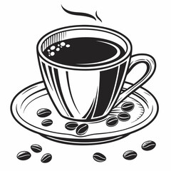 A steaming cup of coffee on a saucer with coffee beans