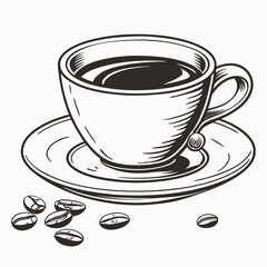 Hand drawn coffee cup saucer beans illustration