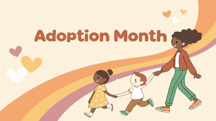 Fototapeta premium Adoption Month Illustration Featuring Diverse Family Walking Together With Hearts And Colorful Background