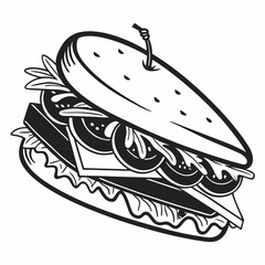 Delicious sub sandwich black and white illustration