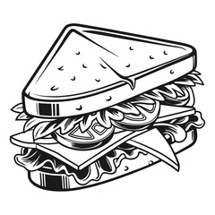 Delicious sandwich illustration black and white line art