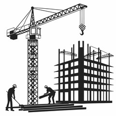 Construction site with crane workers building skyscraper