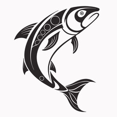 Stylized black and white salmon fish design illustration
