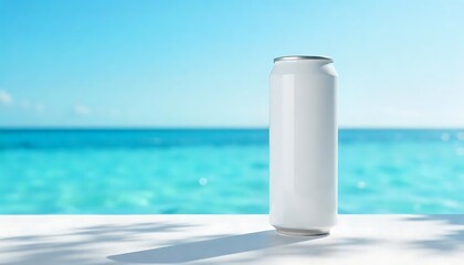 Refreshing Summer Beverage Mockup: White Can by Ocean Beach