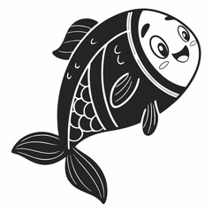 Happy cartoon fish black and white illustration