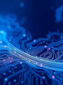 Abstract futuristic blue background with circle circuit wires on an electronics board. Artificial intelligence concept. A dark navy computer motherboard. Tech bg. AI chip. Digital vector illustration.
