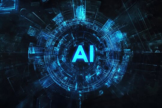 Glowing "AI" text amid a complex, radial, technology-themed background