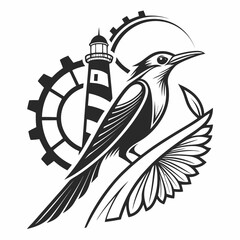 Bird perched on branch with lighthouse and gear background