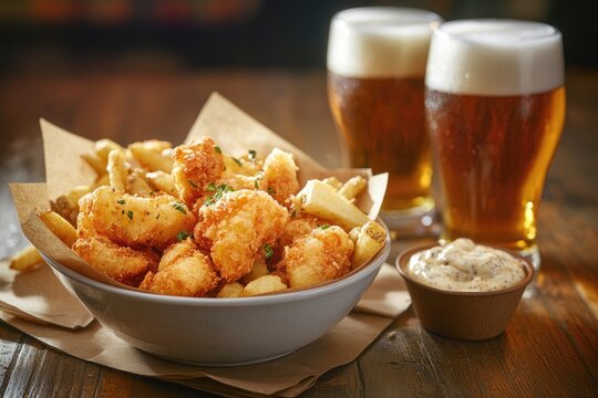 Fried food and draft beer served with dipping sauce, displayed appetizingly