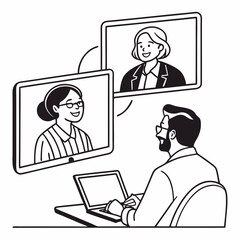 Man attending online video conference with two colleagues on laptop