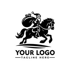 Santa Claus riding a horse carrying a sack full of gifts, black and white cartoon vector illustration
