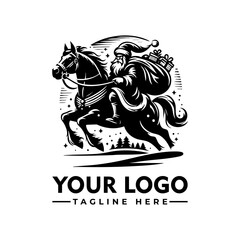 Fototapeta premium Santa Claus riding a horse carrying a sack full of gifts, black and white cartoon vector illustration 